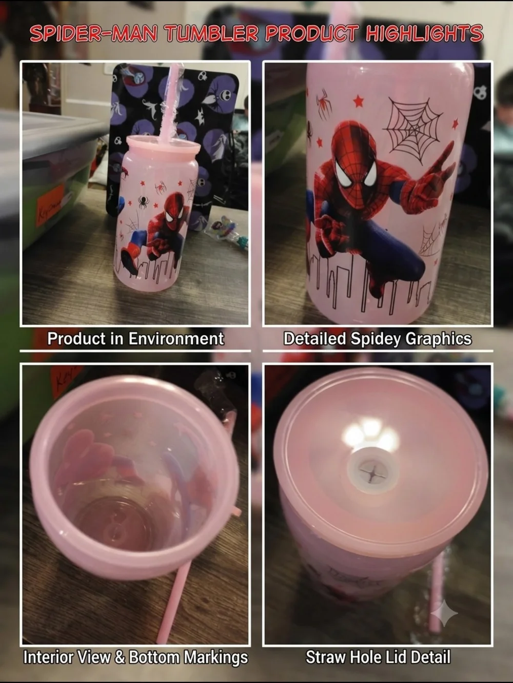 Spiderman Pink Kids Plastic Straw Cup - Official Character Design